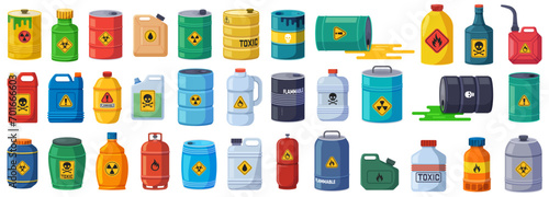 Flammable waste set. Container with chemical explosive substance. Toxic chemical, vector illustration set #701666603