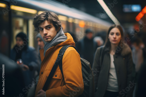 Man yellow clothes in a crowd of people on a subway station platform