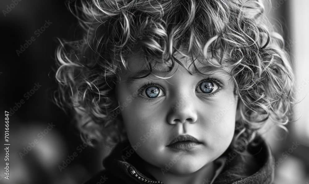 Expressive Black and White Portrait of a Toddler with Curly Hair and Captivating Big Blue Eyes