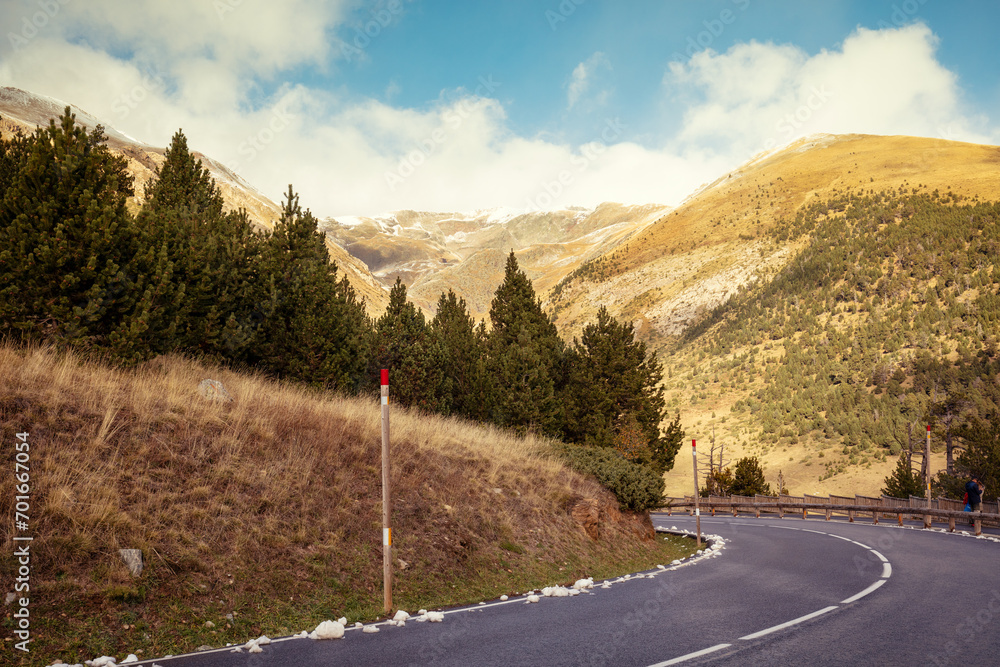 Obraz na płótnie Sharp turn. Driving on a winding mountain road in the Pyrenees, Andorra, Europe. w salonie