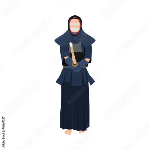 Kendo fighter with protective clothing and mask. Kendo sport martial discipline training. Traditional combat skill from Japan. Japanese culture. Flat vector illustration isolated on white background