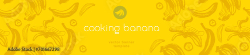 Vector bananas banner template with sketch bananas seamless pattern. Banana label backdrop. Bananafruit ornament. Yellow fruits label design. photo