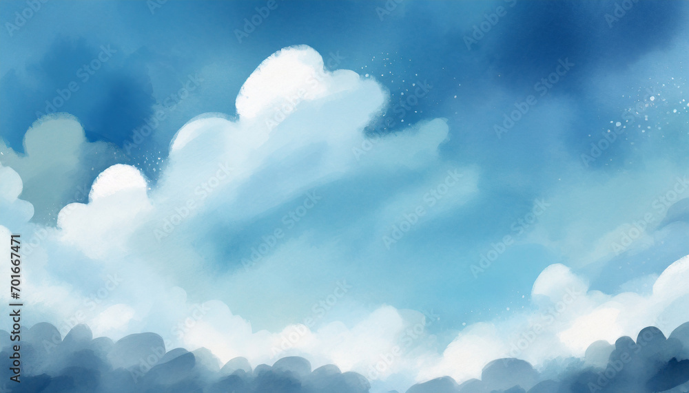 Blue sky background with clouds, watercolor art style