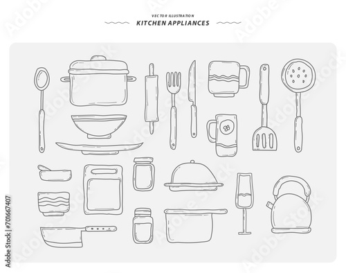 Cutlery and Cooking Equipment Vector Illustration, Hand Drawn Style.