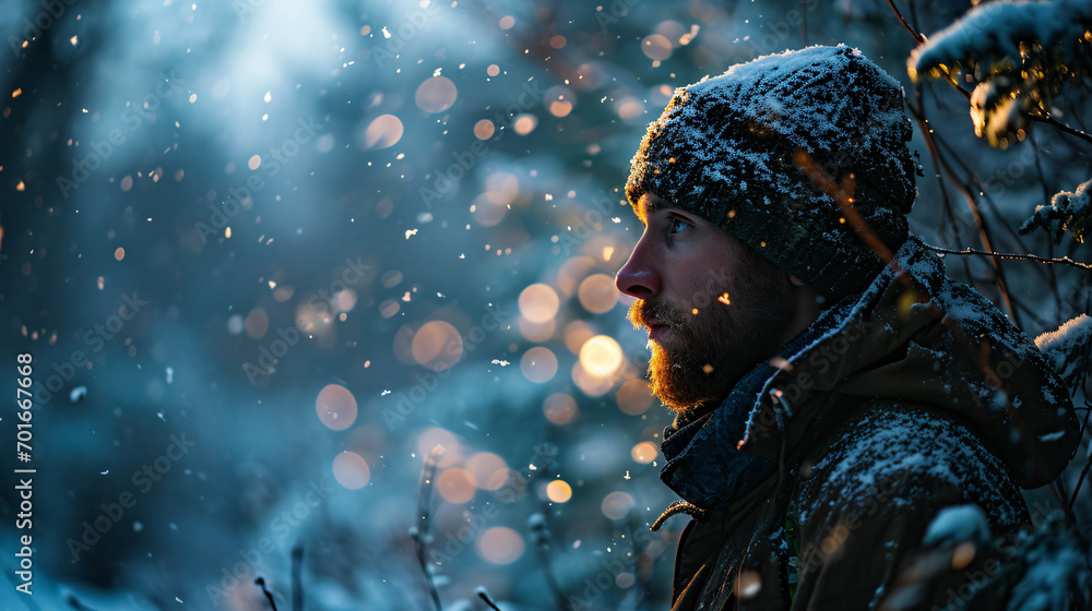 man walking on the street at night in the snowfall man walking on the street at night in the snowfall