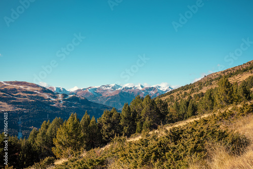 Mountains landscape in autumn. View of mountain slopes on a sunny day, Pyrenees, Andorra, Europe