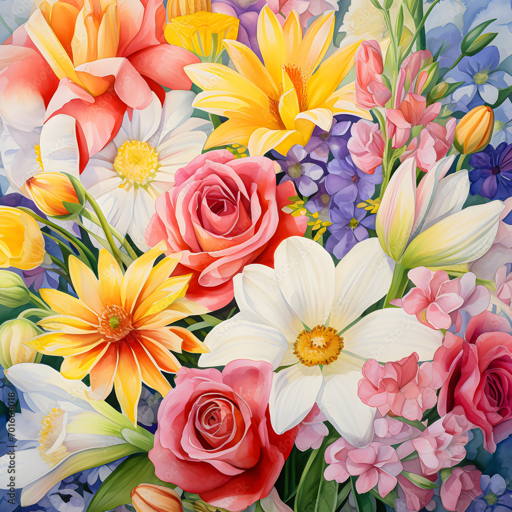 Delicate watercolor flowers in full bloom, showcasing a colorful bouquet of roses, tulips, and daisies, full frame.no.03 Delicate watercolor flowers in full bloom, showcasing a colorful bouquet of roses, tulips, and daisies, full frame.no.03