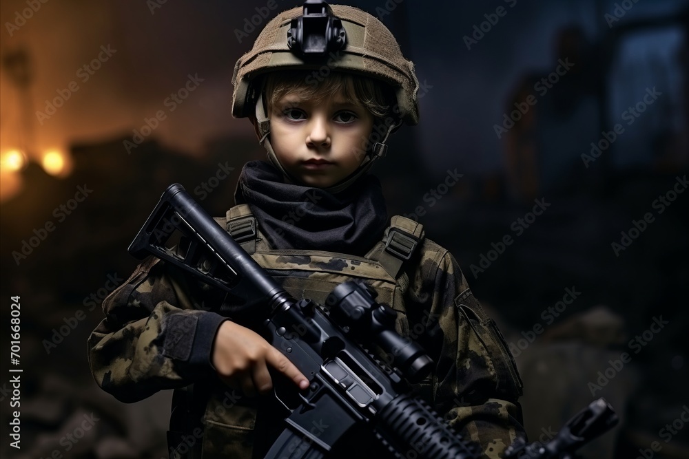 Portrait of cute little boy in military uniform with machine gun at night Portrait of cute little boy in military uniform with machine gun at night