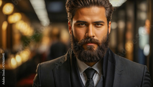 portrait of a dark haired man with a beard wearing a suit photo