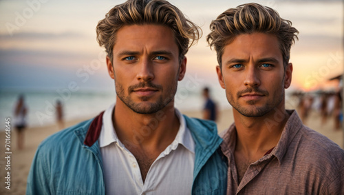 portrait of two blonde handsome men at the beach photo