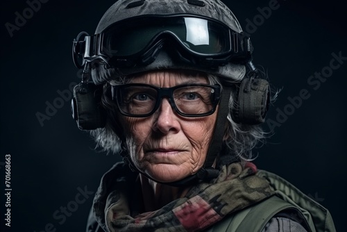 Portrait of an elderly woman in a military helmet and glasses.