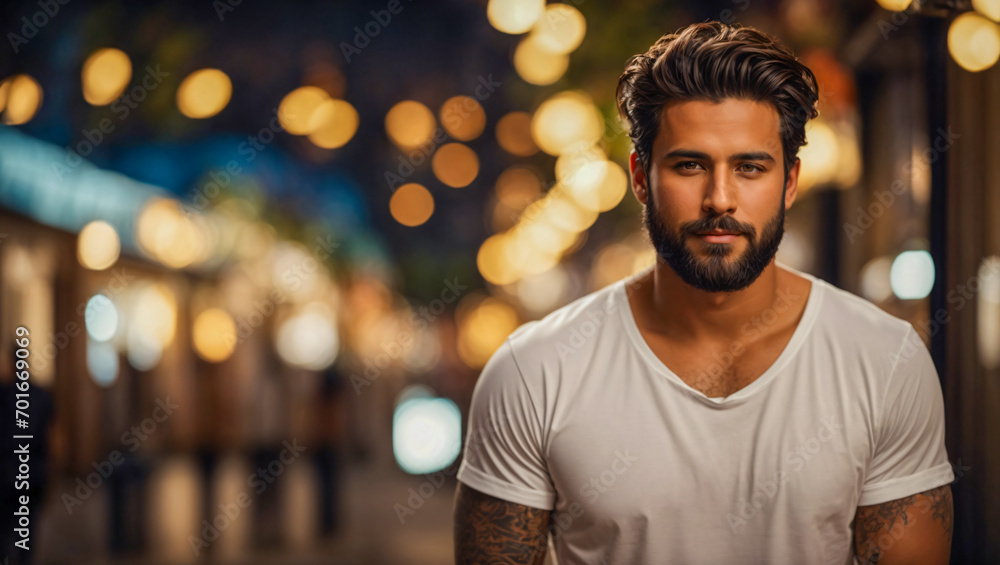Portrait of a man in the city with a beard and a white t-shirt