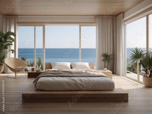 Beach Tropical living & Sea view scandinavian style bedroom for Vacation and Summer an interior design © Saktanong