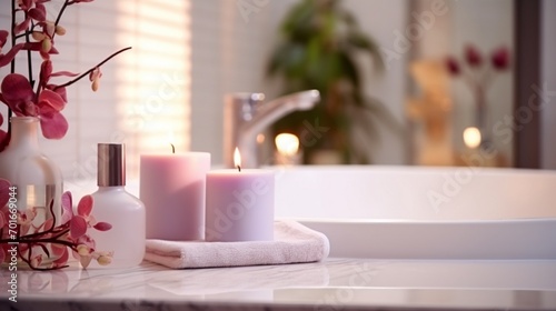 Abstract blur interior bathroom aroma candles with sink for show  display concept