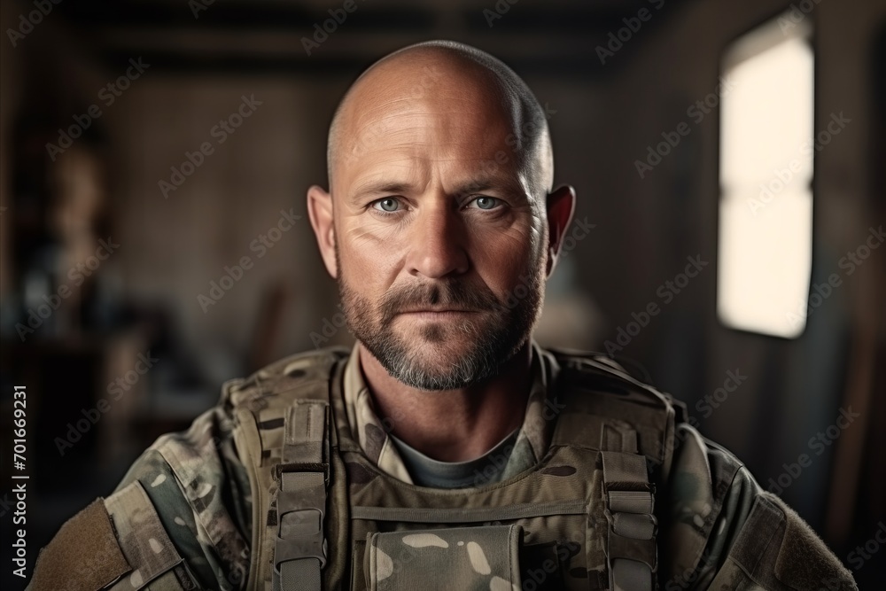 Portrait of a mature soldier with a serious expression on his face