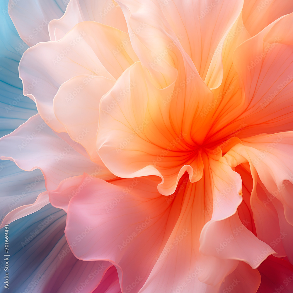 A close-up of a blossoming flower with delicate petals unfolding in a gradient of peach, pink and soft blue hues. Natural natural beauty. Wellness and Spa
