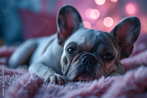 A pampered french bulldog lounges on a soft pink blanket, showcasing the charm and luxury of indoor pet life