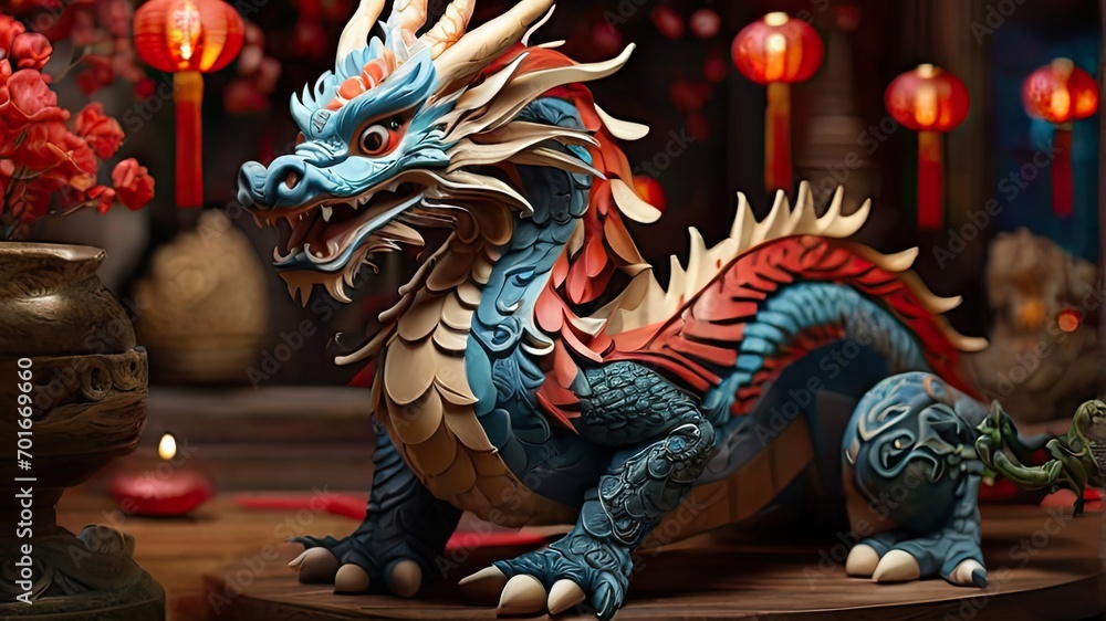 Chinese dragon statue in chinese temple, closeup. Chinese new year concept