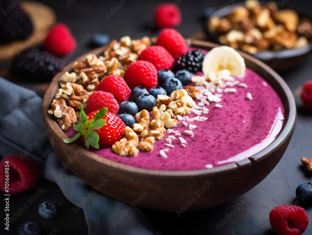 A vibrant smoothie bowl adorned with crunchy nuts and granola, bursting with delightful flavors. A vibrant smoothie bowl adorned with crunchy nuts and granola, bursting with delightful flavors.