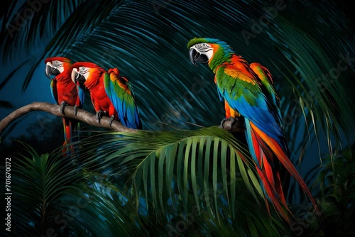 Amidst the perfection of a Caribbean daybreak, a pair of resplendent macaws perch on a curved palm frond,