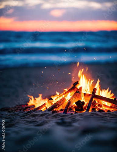 Close-up of a beach bonfire by the sea at sunset