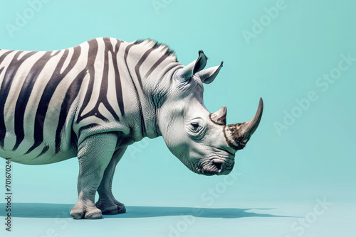 Rhino with zebra stripes on pastel blue background. Ai generative art