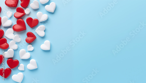 little white and red hearts on blue background