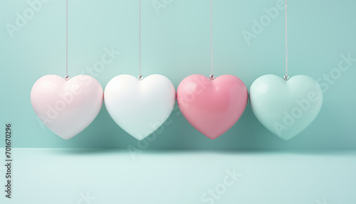 four hanging hearts in a line on a pastel green background