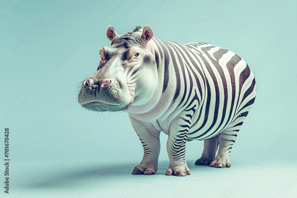 Hippo with zebra stripes on pastel blue background. Ai generative art - obrazy, fototapety, plakaty 