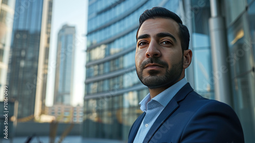 Confident Arab businessman staring into the distance in front of a modern office building, thinking about a successful future
