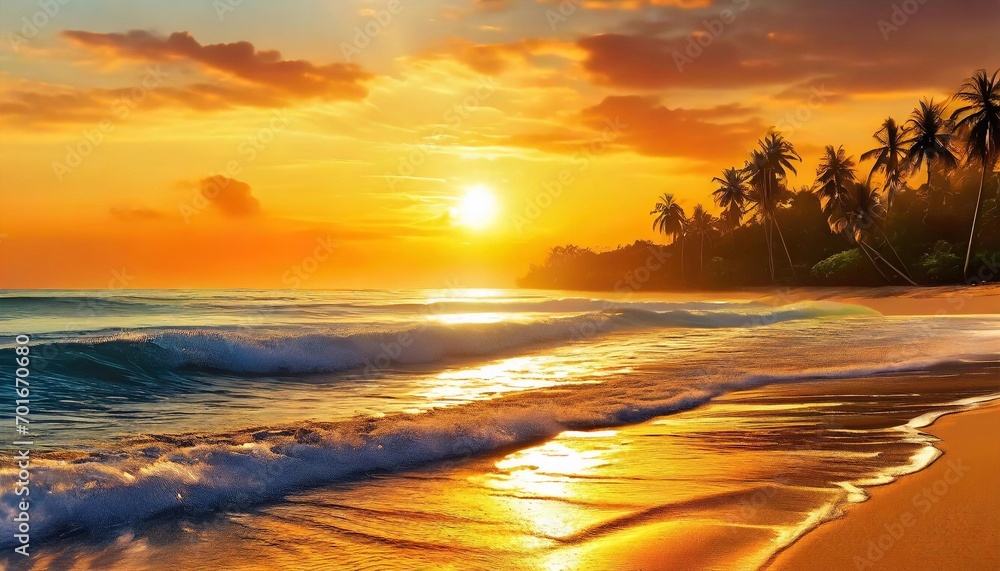 Coastal Elegance: Golden Orange Sunset Casts a Serene Glow on a Calm Tropical Beach Seascape