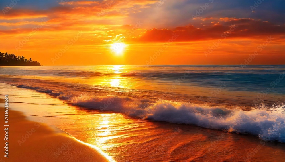 Evening Reflections: Calm Sea Waves Reflect the Beauty of a Golden Orange Sunset on a Tropical Shore