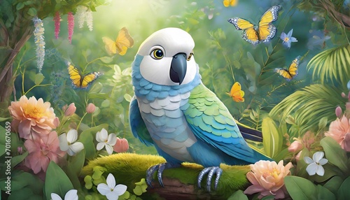Garden Wings: Parrot and Tropical Butterfly Coexisting on a Verdant Branch