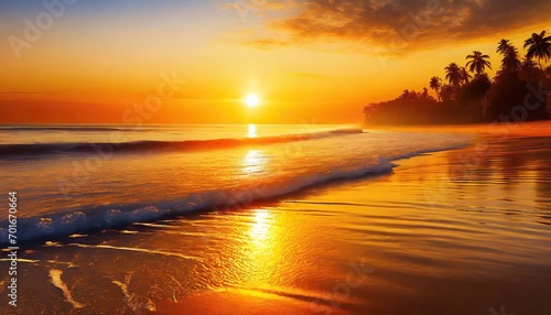 Sunset Serenity: Tropical Beach Seascape with a Peaceful Harmony of Golden Orange Hues