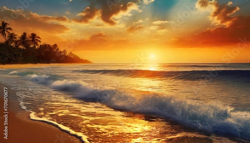 Golden Oasis: Tropical Beach Seascape Soaked in the Beauty of a Calm Orange Sunset © maykal