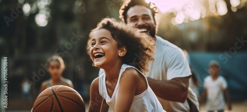 Father and daughter enjoying basketball game together outdoors. Family bonding and sports. © Postproduction