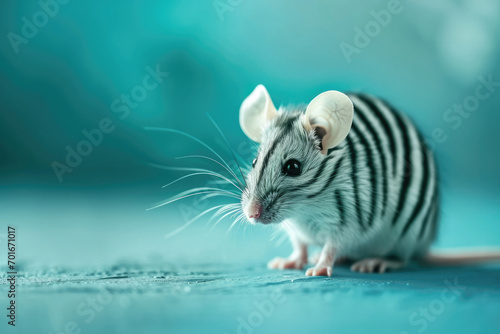 Mouse with zebra stripes on pastel blue background. Ai generative art