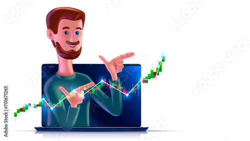 Stock market trader on screen laptop show financial investment graph. 3d vector character of stock exchange trader. 3d cartoon smiling man on screen laptop shows on stock growth chart. Profit chart.