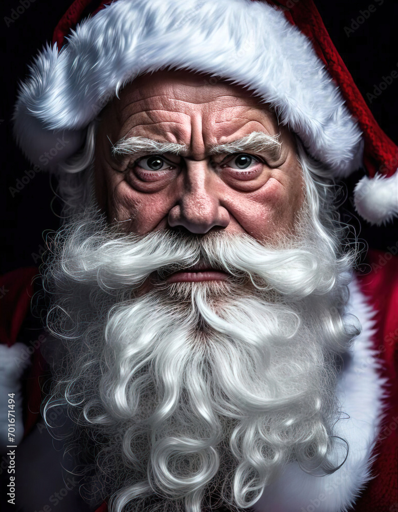 A menacing portrait of a scowling Santa Claus his eyes A menacing portrait of a scowling Santa Claus his eyes