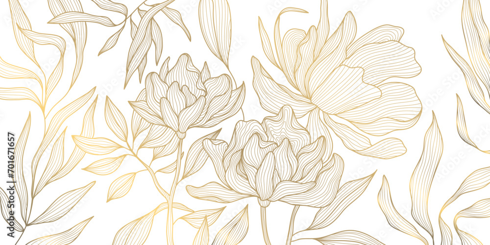 Vector gold line flower pattern, luxury art background. Leaves and peonies abstract wallpaper, texture plant ornament, wedding illustration - obrazy, fototapety, plakaty 