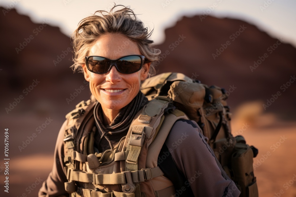Portrait of a beautiful mature woman with backpack in the desert.