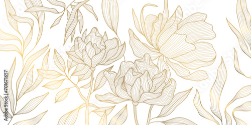 Vector gold line flower pattern, luxury art background. Leaves and peonies abstract wallpaper, texture plant ornament, wedding illustration photo