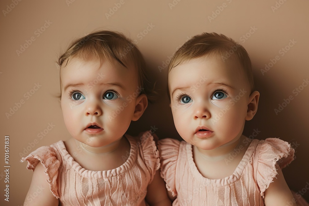 Cute identical twin toddlers on a pastel brown background, studio shot, candid Cute identical twin toddlers on a pastel brown background, studio shot, candid