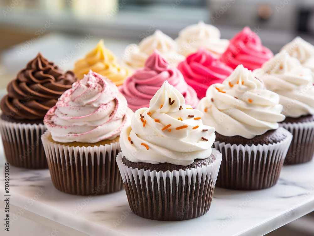A tempting assortment of gourmet cupcakes displayed beautifully, bringing out mouthwatering delight.