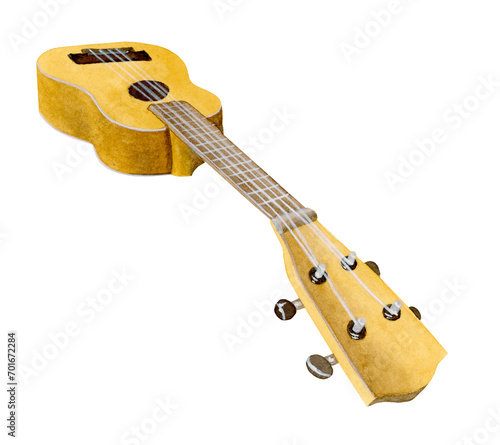 Side angle view of an isolated yellow soprano ukulele, headstock close up