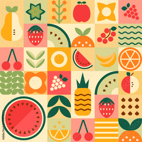 Geometry mosaic fruit pattern. Vector abstract minimal summer fruits and berries seamless background