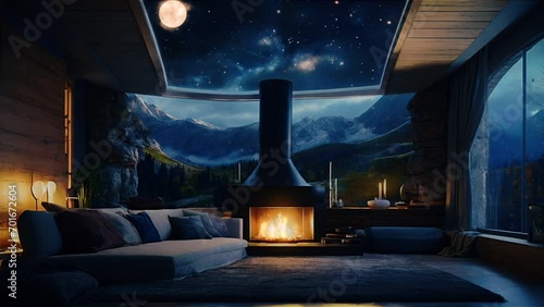 Cozy soothing livingroom with view of starry sky mountains and fireplace loop