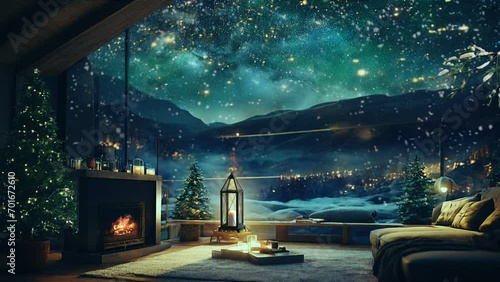 Cozy winter soothing room with mountain view loop photo