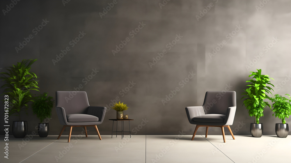 Modern office or meeting workspace interior design in elegant gray color with two chairs in front of the textured wall, placed next to the green houseplants. Indoors workspace