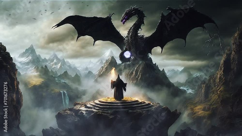 Mage casting spell on dragon altar quest dungeon entrance fantasy in mountains loop photo